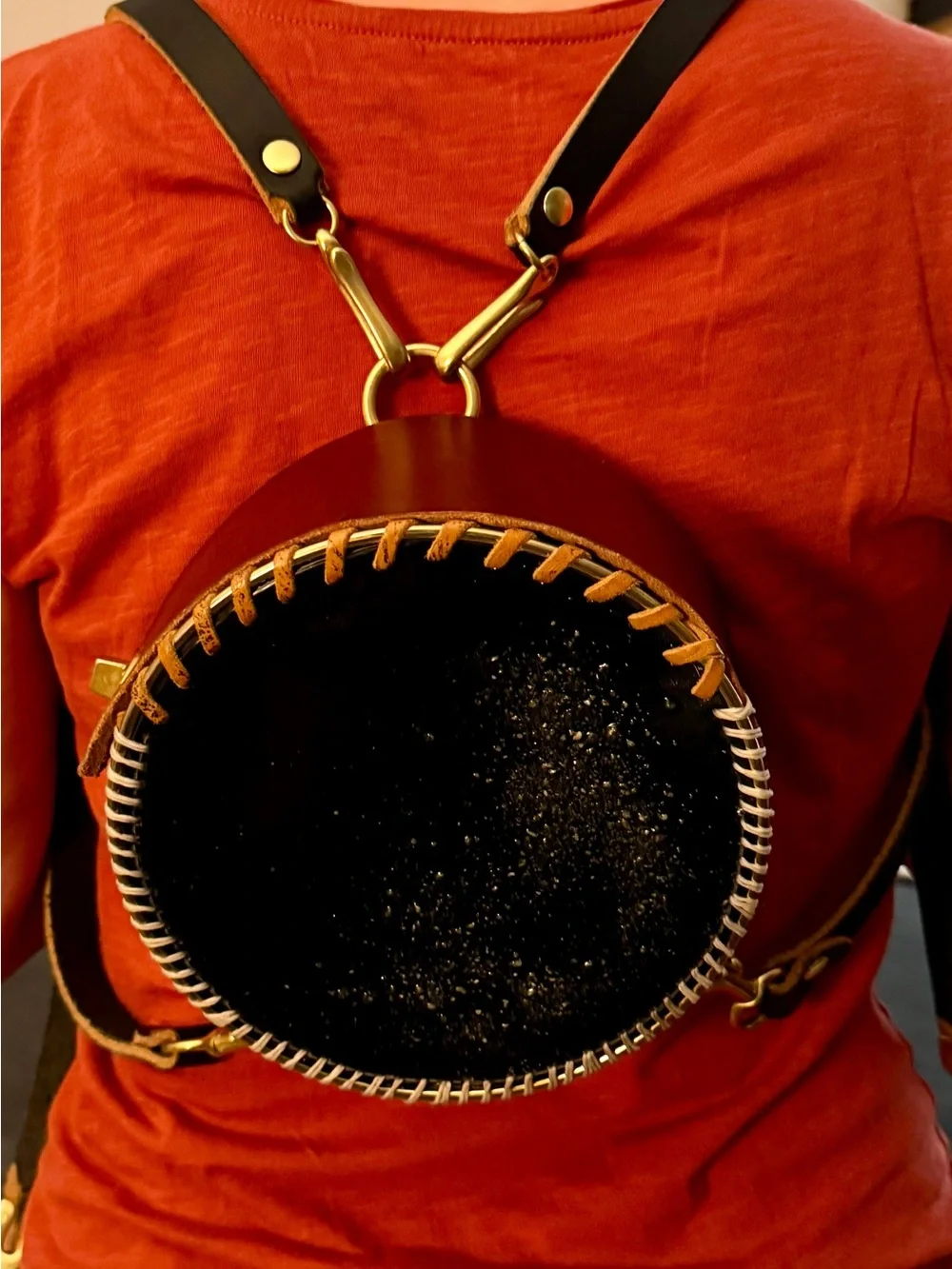 Round Black Leather Crossbody Bag with Brown Trim